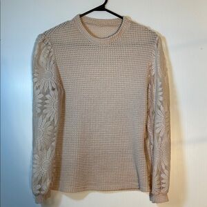 Women's Beige Sweater with Floral Lace Sleeves